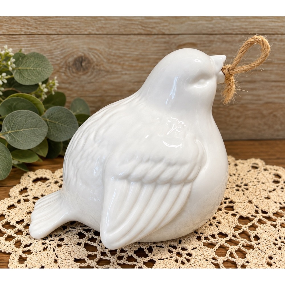 White Ceramic Bird Twine Dispenser Figurine Glossy Farmhouse Decor Statuette